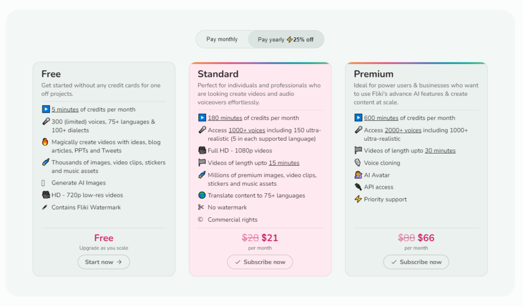 Pricing and Plans of Fliki AI